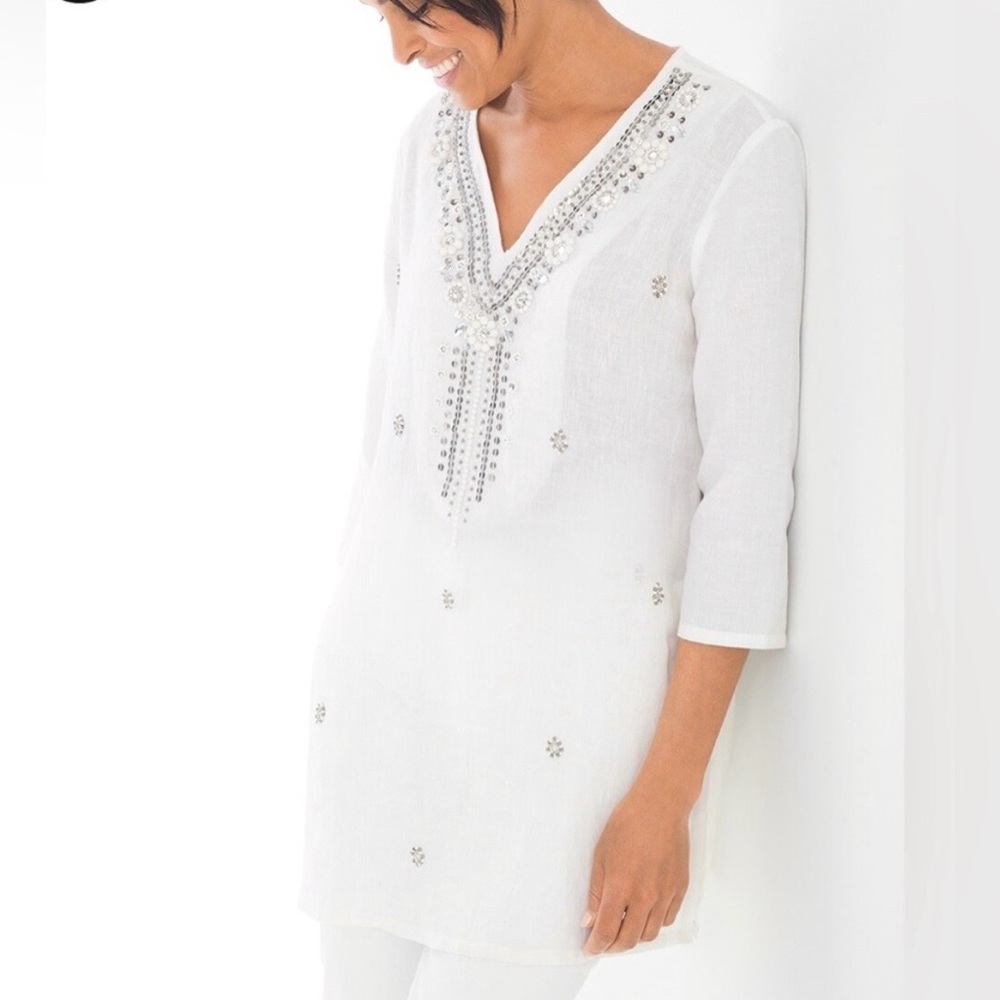 Chico's White Linen Blend Beaded Tunic